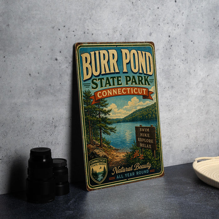 A vintage-style sign for the Burr Pond State Park in Connecticut, featuring a scenic image of the pond surrounded by trees and mountains.