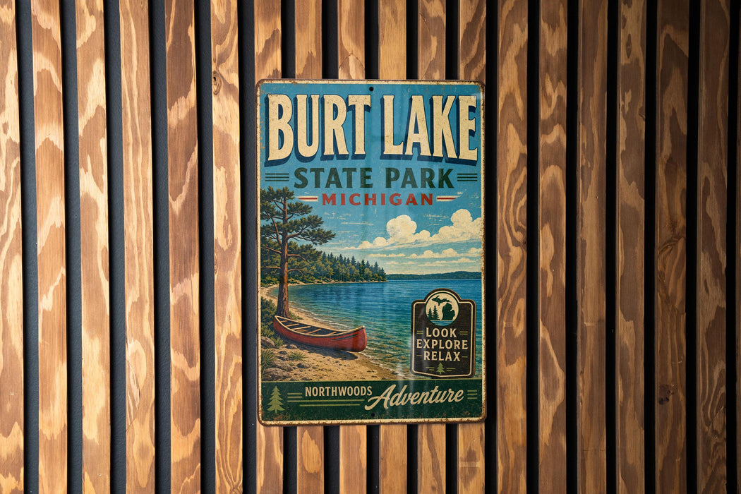A vintage metal sign for Burt Lake State Park in Michigan, featuring a scenic image of a lake, a canoe, and a forested shoreline.