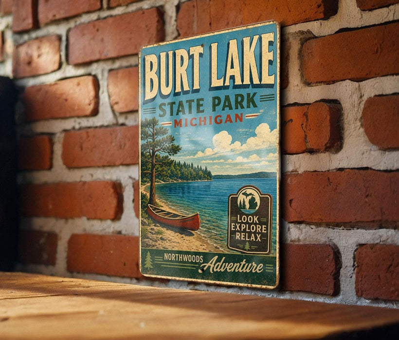 A vintage-style sign for Burt Lake State Park in Michigan, featuring a scenic image of a lake and a canoe, mounted on a brick wall.
