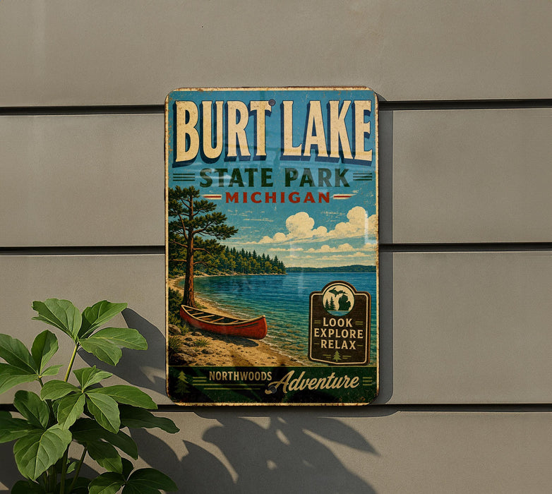 A vintage-style sign for Burt Lake State Park in Michigan, featuring a canoe on a lake and a scenic landscape.