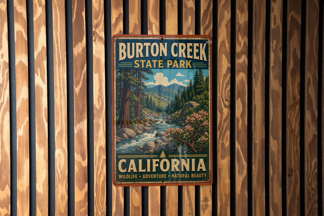 A vintage metal sign for Burton Creek State Park in California, featuring a scenic landscape with a river, mountains, and trees.