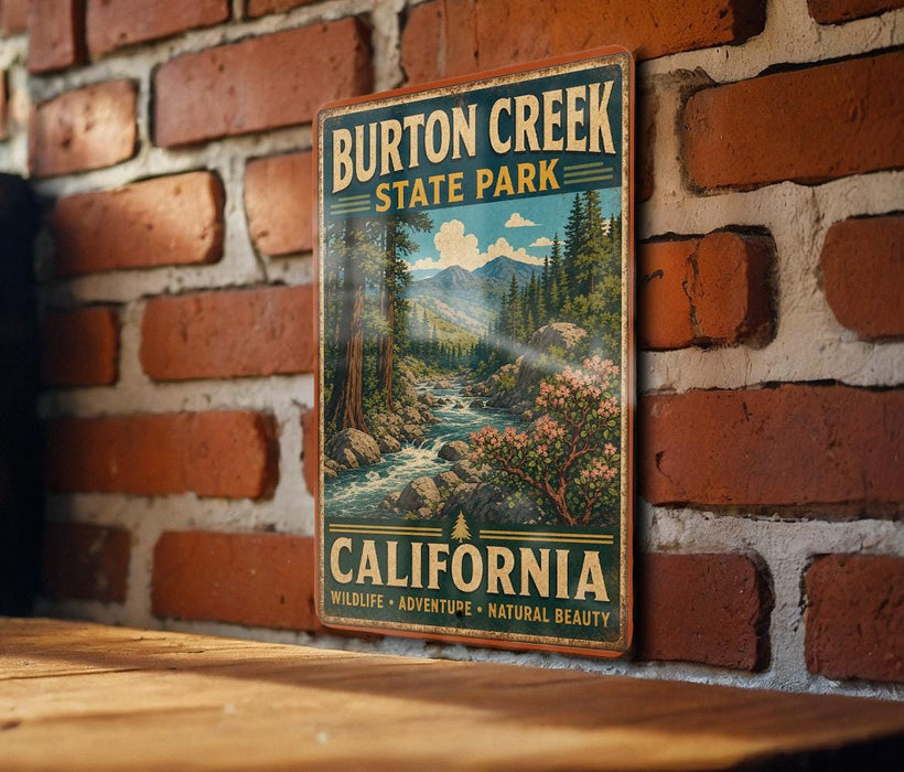A vintage-style metal sign for Burton Creek State Park in California, featuring a scenic illustration of a river, mountains, and trees.