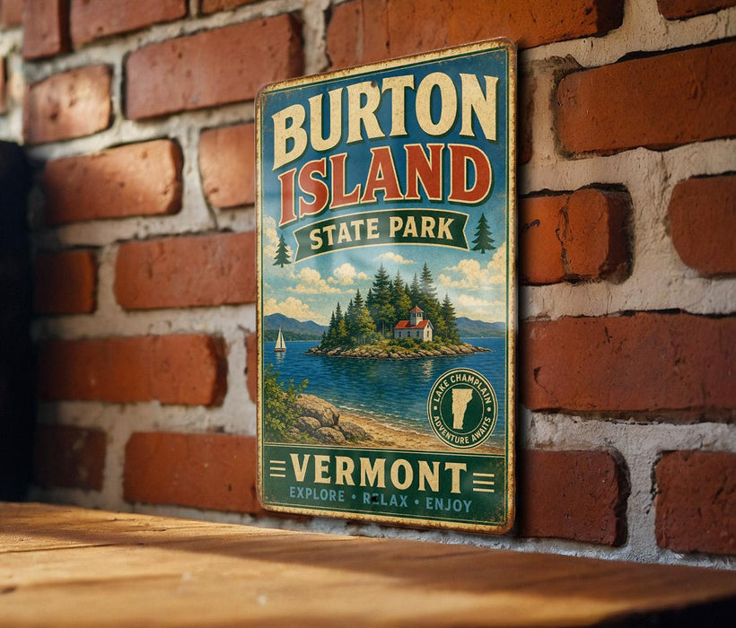 A vintage metal sign for Burton Island State Park in Vermont, featuring a scenic illustration of a lake and island surrounded by mountains.
