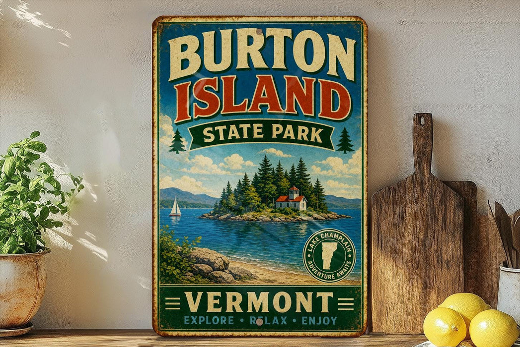 A vintage-style sign for Burton Island State Park in Vermont, featuring a scenic illustration of a lake, island, and mountains.