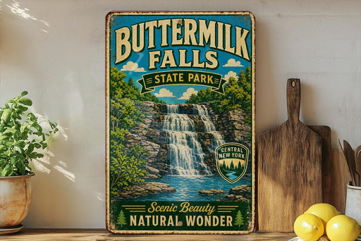 A vintage-style sign for Buttermilk Falls State Park, featuring a waterfall and lush greenery, is displayed on a wooden shelf next to a potted plant and a wooden cutting board.