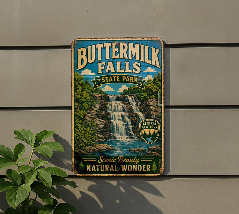 A vintage-style sign for Buttermilk Falls State Park, featuring a scenic illustration of a waterfall surrounded by lush greenery.