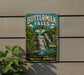 A vintage-style sign for Buttermilk Falls State Park, featuring a scenic illustration of a waterfall surrounded by lush greenery.