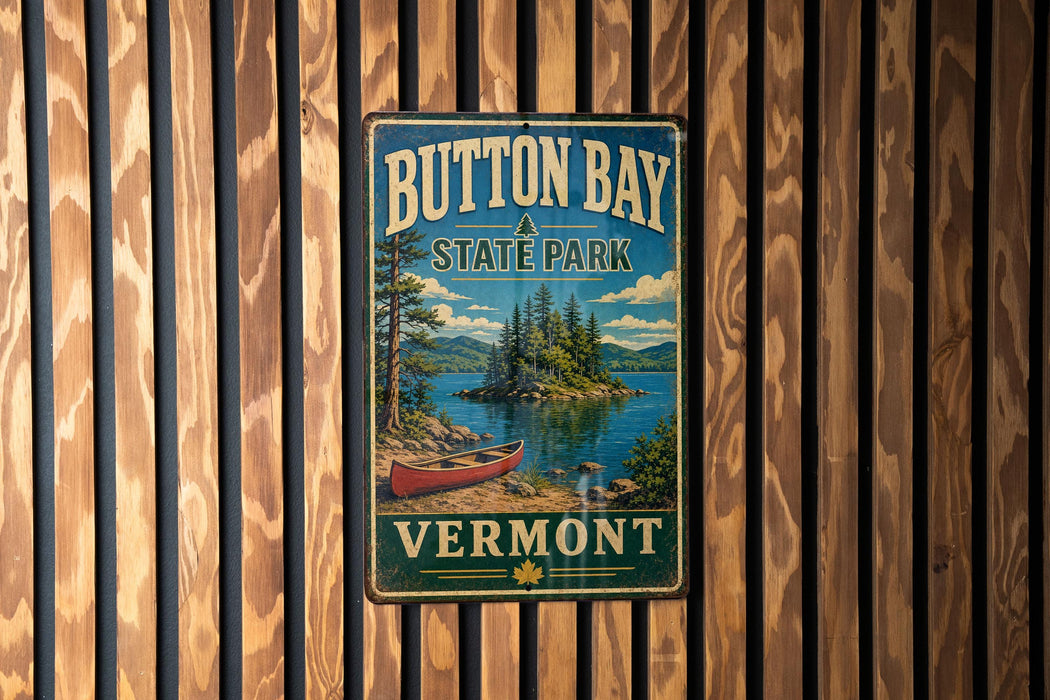 A vintage-style metal sign for Button Bay State Park in Vermont, featuring a scenic image of a lake and a red canoe.