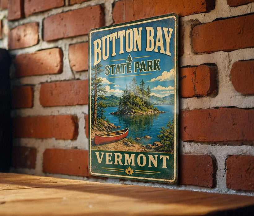 A vintage metal sign for Button Bay State Park in Vermont, featuring a scenic landscape with a lake, mountains, and a canoe.