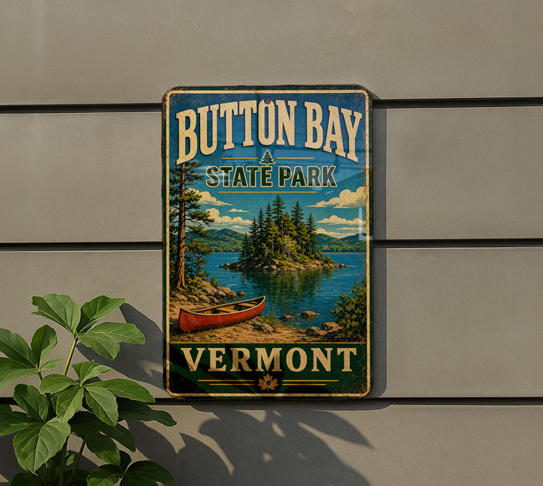 A vintage-style metal sign for Button Bay State Park in Vermont, featuring a scenic landscape with a lake, mountains, and a red canoe.