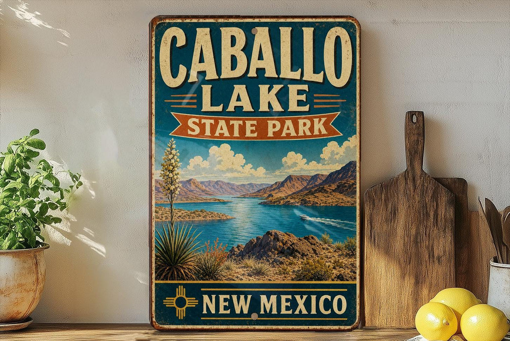 A vintage-style sign for Caballo Lake State Park in New Mexico, featuring a scenic landscape with mountains, a lake, and a desert backdrop.