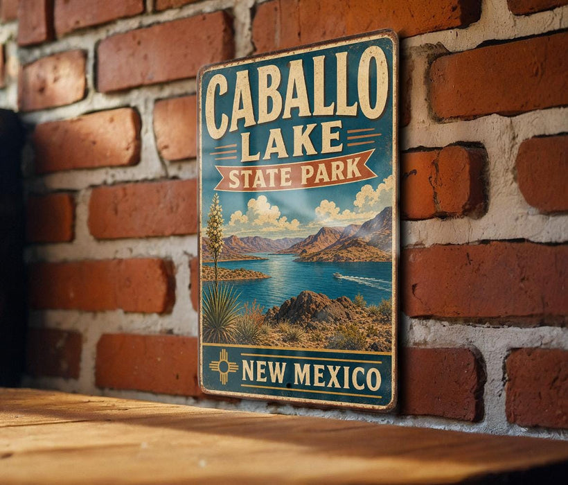 A vintage metal sign for Caballo Lake State Park in New Mexico, featuring a scenic illustration of the lake and mountains.