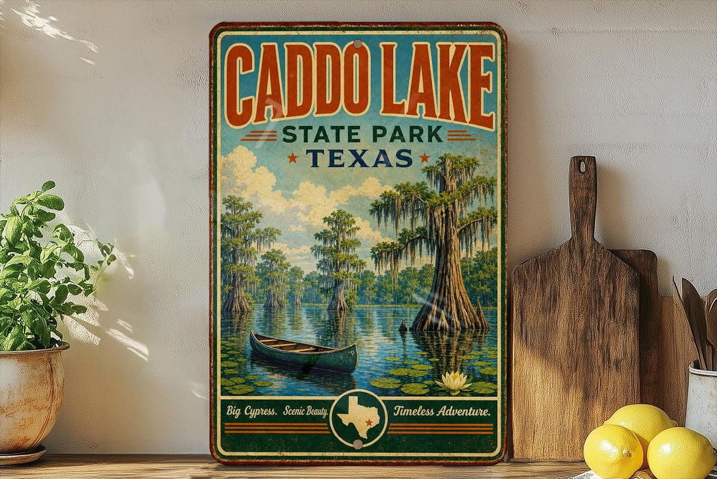 a vintage-style sign for Caddo Lake, Texas, with a painting of a boat on the lake and a tree with hanging roots. The sign is displayed on a shelf next to a wooden cutting board and a potted plant.