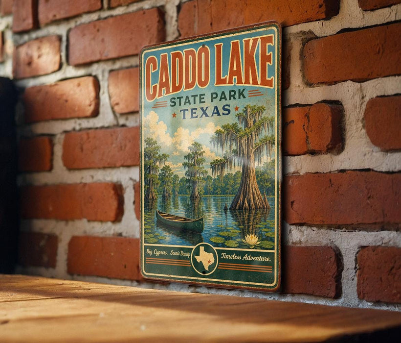 A vintage-style metal sign for Caddo Lake, Texas, featuring a scenic illustration of a lake with a canoe and a tree with hanging roots.