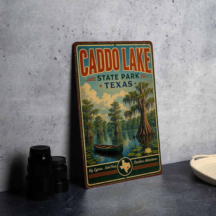 A vintage metal sign for Caddo Lake, Texas, featuring an illustration of a boat on the lake and a tree with hanging roots.