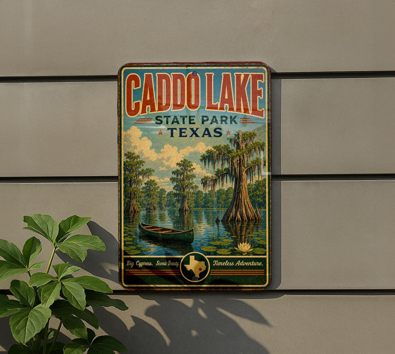 A vintage-style sign for Caddo Lake, Texas, featuring a painting of a boat on the lake and a tree with hanging roots.