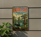 A vintage-style sign for Caddo Lake, Texas, featuring a painting of a boat on the lake and a tree with hanging roots.