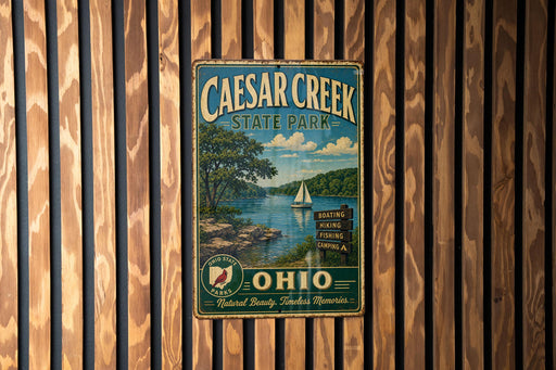 A vintage metal sign for Caesar Creek State Park in Ohio, featuring a scenic illustration of a lake, trees, and a sailboat.
