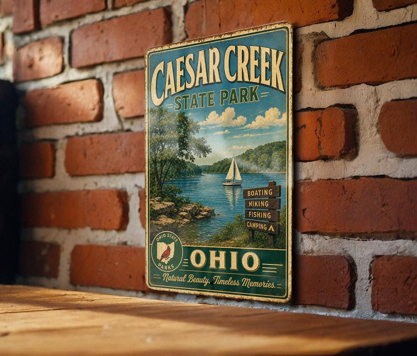 A vintage metal sign for Caesar Creek State Park in Ohio, featuring a scenic landscape with a lake, trees, and a sailboat.