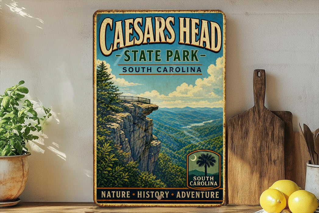 a vintage-style metal sign for Caesars Head State Park in South Carolina, with a scenic mountain landscape and a palm tree. The sign is displayed on a shelf next to a wooden cutting board and a potted plant.