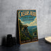 A vintage metal sign for Caesars Head State Park in South Carolina, featuring a scenic mountain landscape with a cliff and a bridge.