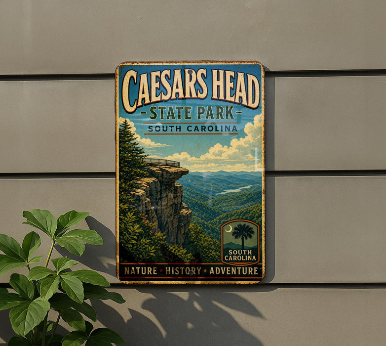A vintage metal sign for Caesar's Head State Park in South Carolina, featuring a scenic mountain landscape with a cliff and a palm tree.