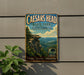 A vintage metal sign for Caesar's Head State Park in South Carolina, featuring a scenic mountain landscape with a cliff and a palm tree.