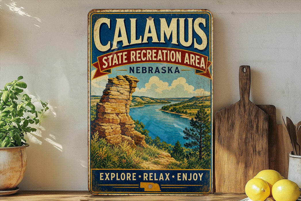 A vintage-style sign for Calamus State Recreation Area in Nebraska, featuring a scenic landscape with a river and mountains.