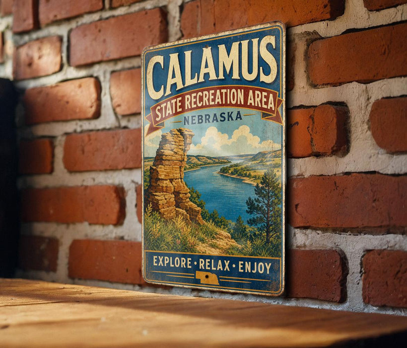 A vintage metal sign for Calamus State Recreation Area in Nebraska, featuring a scenic landscape with a river and mountains.