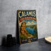 A vintage metal sign for Calamus State Recreation Area in Nebraska, featuring a scenic landscape with a river and mountains.