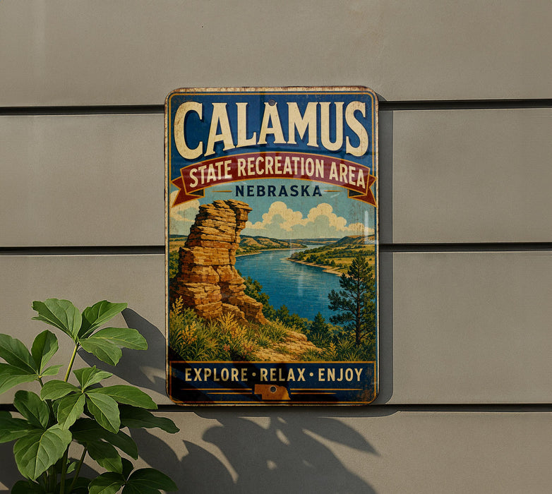 A vintage-style metal sign for Calamus State Recreation Area in Nebraska, featuring a scenic landscape with a river and mountains.