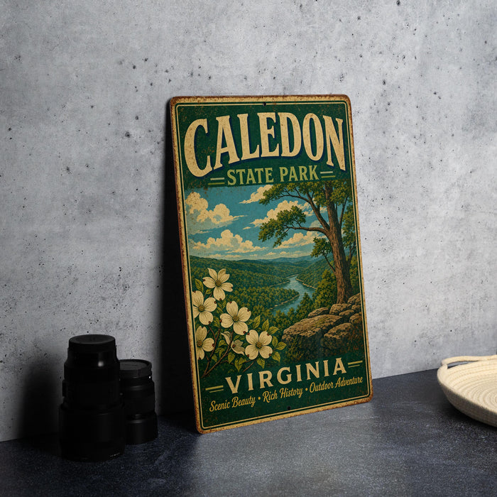 A vintage metal sign for Caledon State Park in Virginia, featuring a scenic landscape with a river and trees, is displayed on a gray countertop next to a stack of black camera lenses.