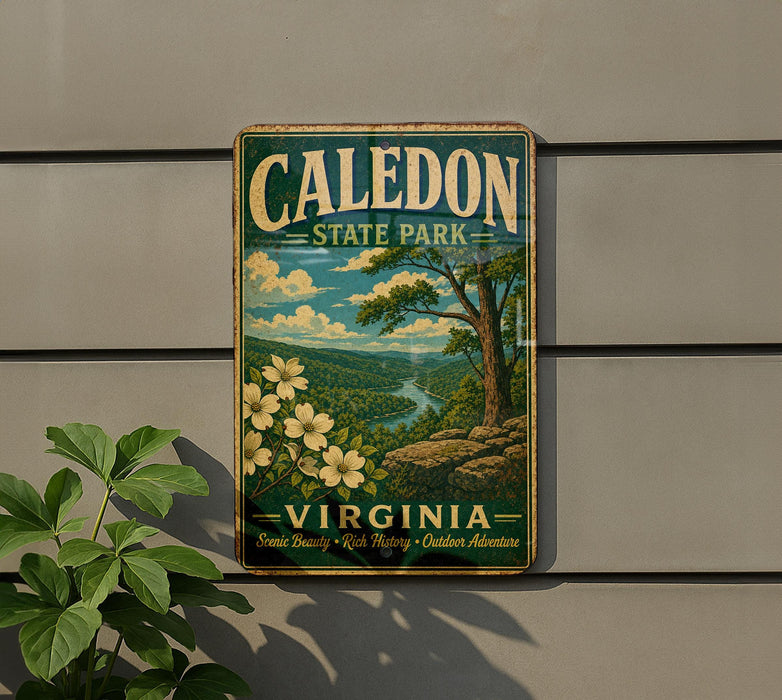 A vintage metal sign for Caledon State Park in Virginia, featuring a scenic landscape with a river, trees, and flowers.