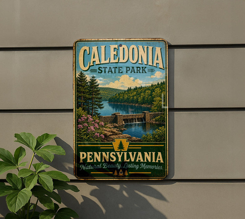 A vintage-style metal sign for Caledonia State Park in Pennsylvania, featuring a scenic landscape with a lake, forest, and waterfall.