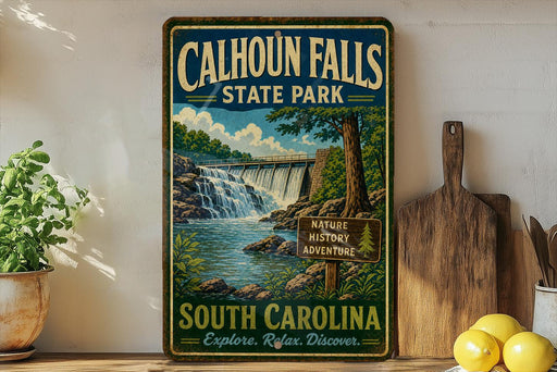 A vintage-style metal sign for Calhoun Falls State Park, featuring a waterfall and lush greenery, is displayed on a shelf next to a wooden cutting board and some lemons.