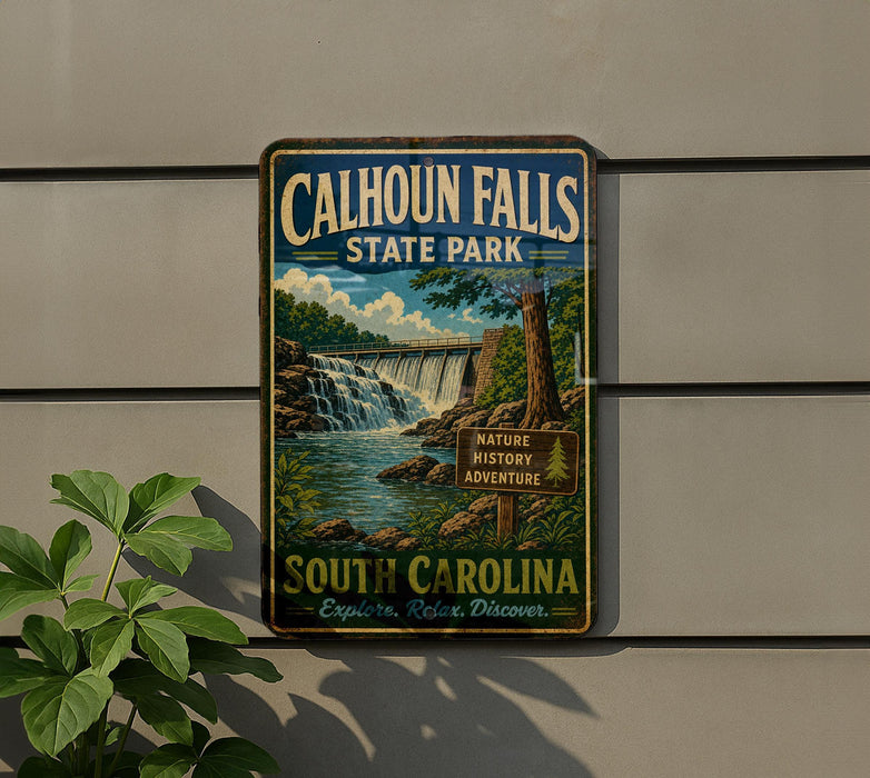 A vintage metal sign for Calhoun Falls State Park, featuring a waterfall and lush greenery, is displayed on a wall next to a plant.