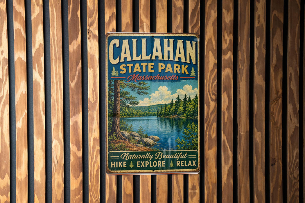 A vintage metal sign for Callahan State Park in Massachusetts, featuring a scenic landscape with a lake and pine trees.