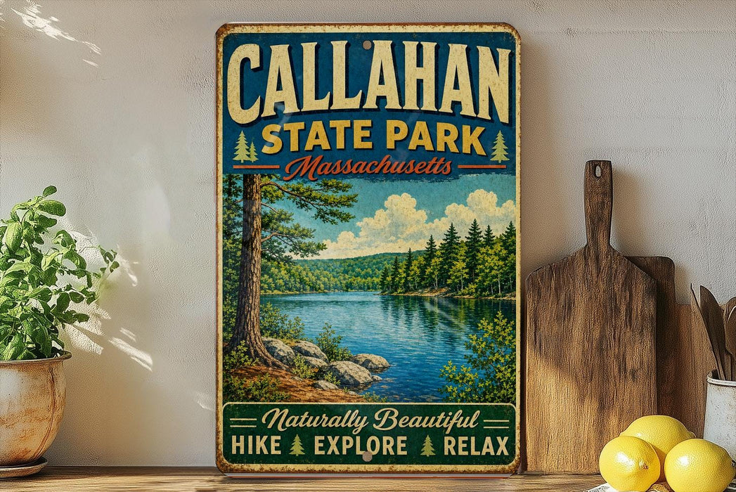 A vintage-style metal sign for Callahan State Park in Massachusetts, featuring a scenic landscape with a lake, pine trees, and mountains.