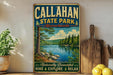 A vintage-style metal sign for Callahan State Park in Massachusetts, featuring a scenic landscape with a lake, pine trees, and mountains.