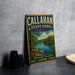 A vintage metal sign for Callahan State Park in Massachusetts, featuring a scenic landscape with a lake and pine trees.