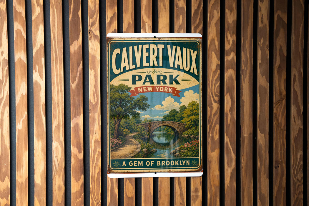 A vintage-style metal sign for Calvert Vaux Park in New York, featuring a scenic landscape with a bridge and trees.