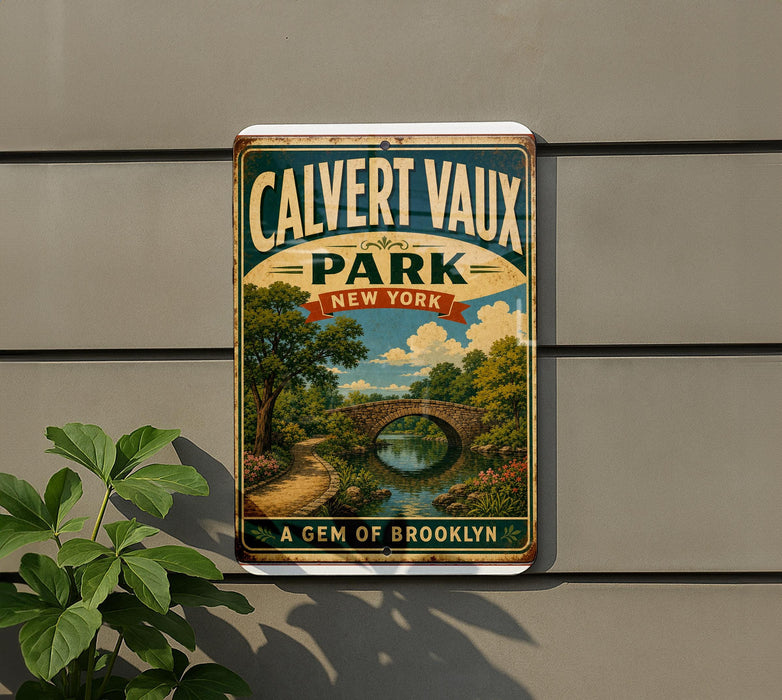 A vintage-style metal sign for Calvert Vaux Park in New York, featuring a scenic landscape with a bridge and trees.