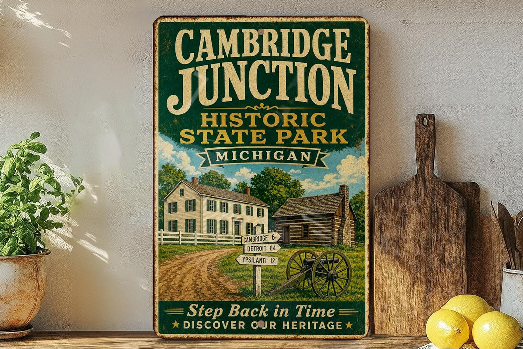 A vintage-style metal sign for Cambridge Junction Historic State Park in Michigan, featuring an illustration of a cabin and a dirt road.