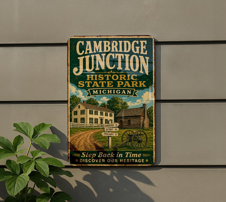 A vintage metal sign for Cambridge Junction Historic State Park in Michigan, featuring an illustration of a historic building and a signpost.