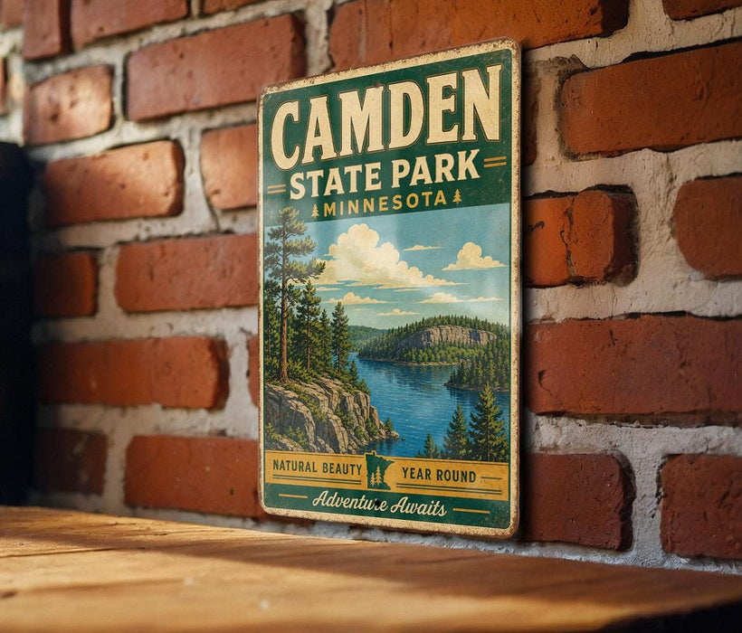 A vintage-style metal sign for Camden State Park in Minnesota, featuring a scenic landscape with pine trees, a lake, and mountains.