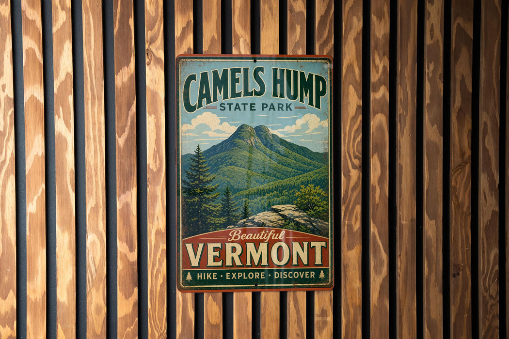 A vintage metal sign for Camelsump State Park, featuring a mountain landscape and the text "Beautiful Vermont" and "Hike * Explore * Discover".