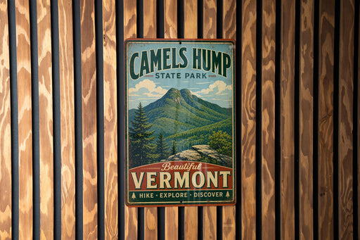 A vintage metal sign for Camelsump State Park, featuring a mountain landscape and the text "Beautiful Vermont" and "Hike * Explore * Discover".
