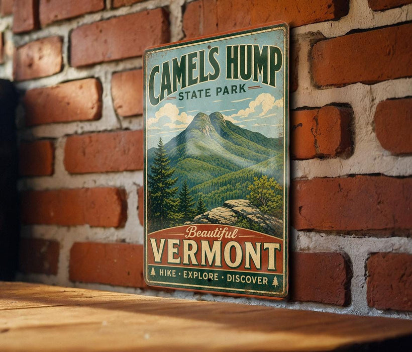 A vintage-style metal sign for Camel's Hump State Park, featuring a mountain landscape and the text "Beautiful Vermont" and "Hike * Explore * Discover".