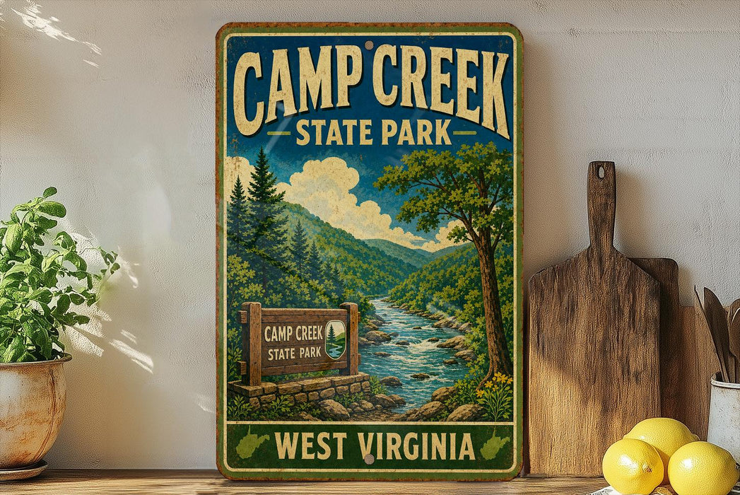 A vintage-style sign for Camp Creek State Park in West Virginia, featuring a scenic illustration of a river and mountains.