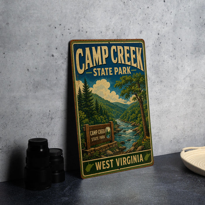 A vintage-style sign for Camp Creek State Park in West Virginia, featuring a scenic illustration of a forest and a river.